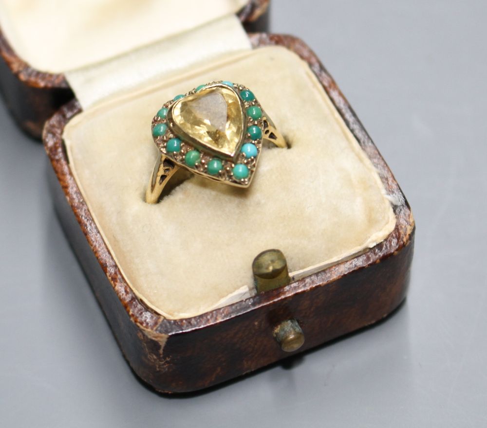 A 1960s 9ct gold, heart shaped citrine and turquoise bead set heart shaped dress ring,